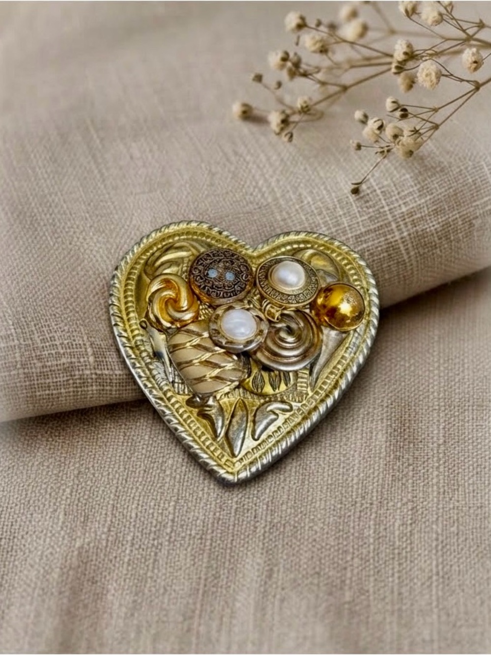 Vintage Mixed Media Artisan Heart Brooch Handcrafted Statement Piece
